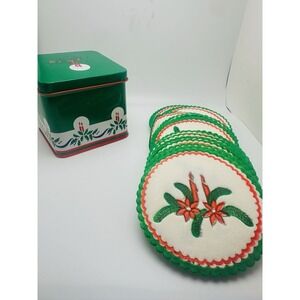Vintage 1985 INTERPUR® Christmas Paper Coasters Doily Tin Container Box candles